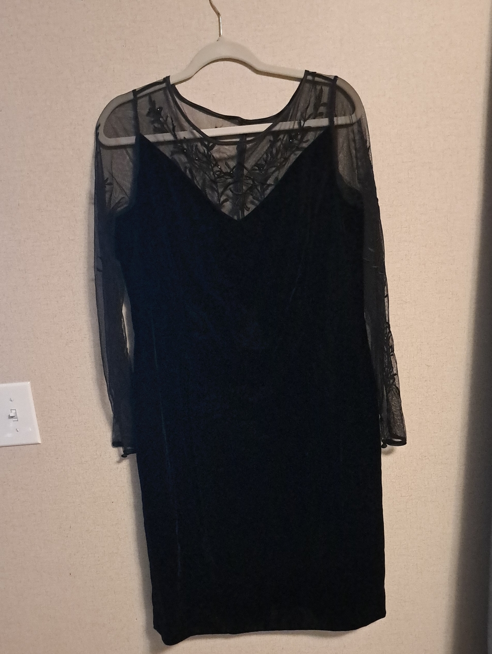 Maggy London Black Velvet Sheer Sleeve Midi Dress